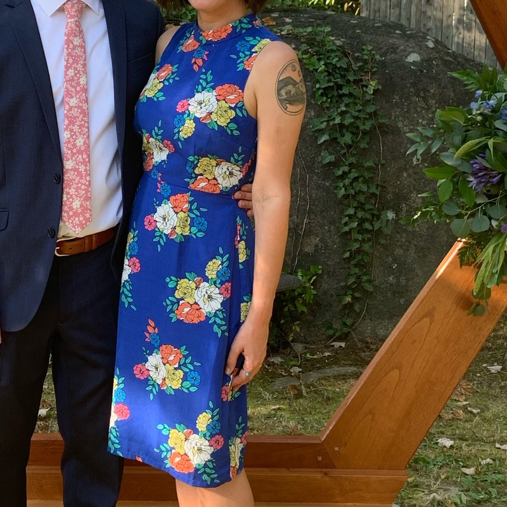 Blue Floral Mock Neck Dress
